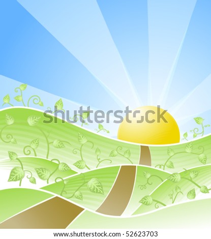 day scenery. stock vector : Vector illustration of a beautiful sunny day scenery with floral swirly vines and
