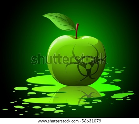 stock vector Green toxic apple with biohazard sing on black background 