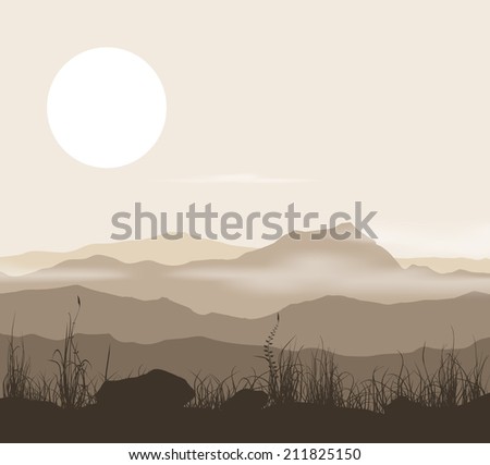 Landscape with grass and mountains over sunset. Vector eps10.