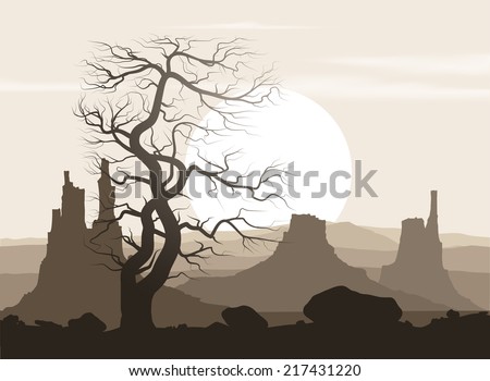 Lifeless landscape with old huge tree and mountains over sunset. Vector illustration.