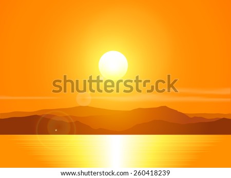 Landscape with sunset at the seashore  over mountain range. Vector illustration.