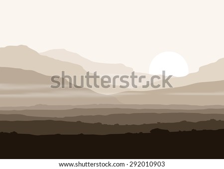Lifeless landscape with huge mountains over sun. Vector panorama eps10.