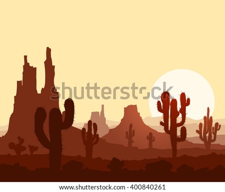 Landscape with sunset in stone desert with cactuses and mountains. Vector illustration.