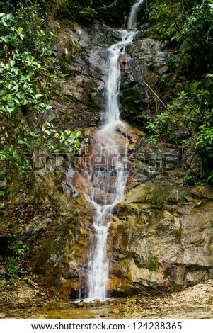 Clean Fresh Water stream flowing down mountain in green jungle through rocks.