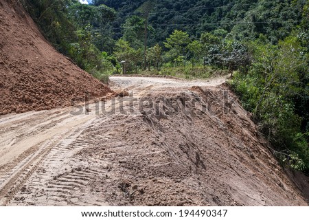 ZAMORA,ZAMORA CHINCHIPE ECUADOR, Circa May 2014. Landslide on mountain road in the Andes, Zamora, Zamora Chinchipe Circa May 2014. Rains have caused mudslide on roads in Andes Mountains of Ecuador