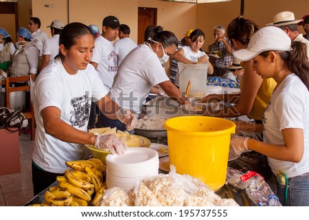 ZAMORA, ECUADOR, May 10 2014.  Pachamamaraymi Festia to thank Mother Earth Zamora Ecuador May 10, 2014.Food shared by iindigenous peoples (Saraguro) is part of the Festia