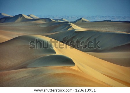 Abu Muharrik, longitudinal sand dunes in Sahara desert, western Egypt. It is considered the longest sand dune system of the world, extending more than six hundred km