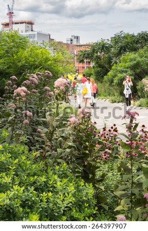 NEW YORK CITY - JULY 29,2014: People walking in High Line Park in New York. The High Line is a public park built on an old railway track elevated above the streets of Manhattan.