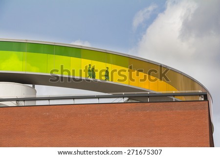 Aarhus, Denmark - April 12, 2015: ARoS Art Museum is the main art museum in Aarhus; on the roof you can walk around in the rainbow panorama with views of the surrounding city.