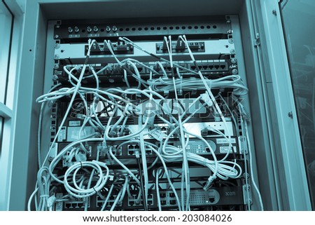 Rack Main Server Internet Connected with Cluttered LAN cables.