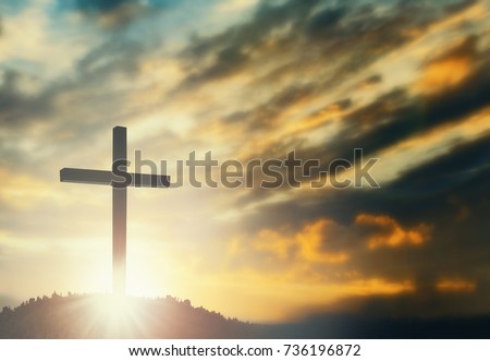 Silhouette cross on mountain sunset background Abstract for belief break sin aim pain son of god saint Paul, he is risen in sunrise Easter day God calvary concept good friday