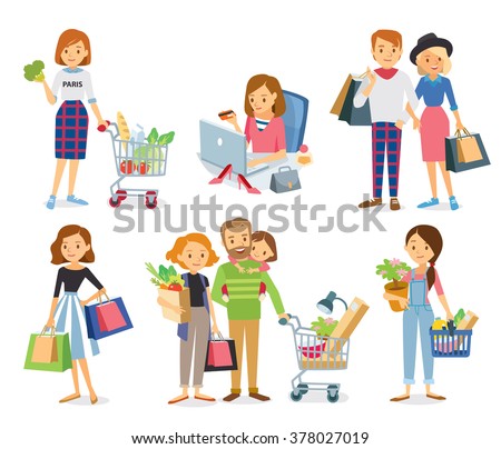 vector set of people and couples, mall shopping, on-line shopping, healthy eating