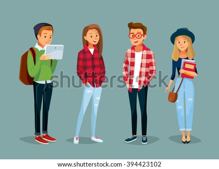 vector set of students with gadgets and books