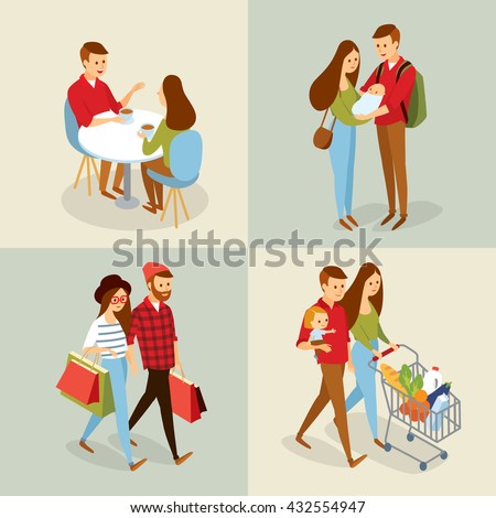vector sets with people going for shopping, family with baby, couple in cafe