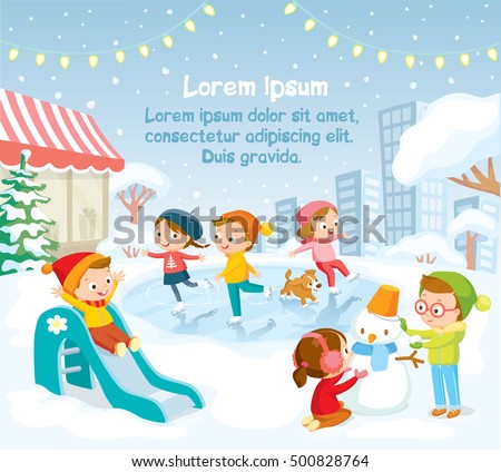 Illustration, children playing outside, winter background
