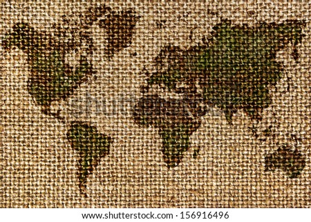 World map drawn on a rough,old fabrics.