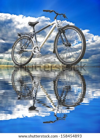 Sports bike against the sky reflected in the water.
