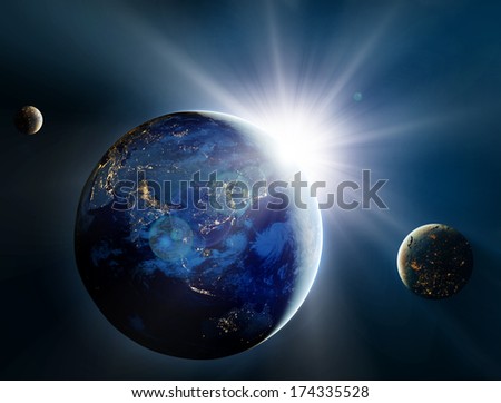 Sunrise over the planet and satellites in space.\