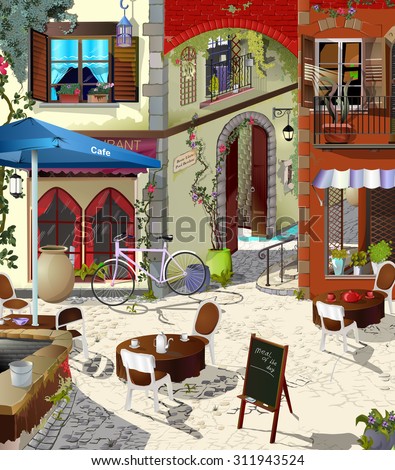 the picture painted in oil Parisian cafe. The facade of a Parisian cafe. Cozy food court. Street cafe for breakfasts, Lunches and dinners. Wallpaper for walls.