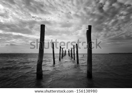 Black and white seascape with wooden pillars as leading lines