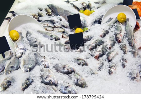 fresh live fish on ice on open market