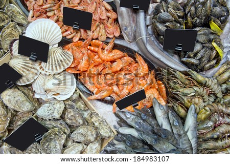 a large variety of seafood in a supermarket