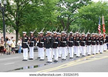 WASHINGTON, D.C. - MAY 25:  Column of Honor Guards of  the U.S. Marine Corps in National Memorial Day Parade May 25, 2009 in Washington, D.C.