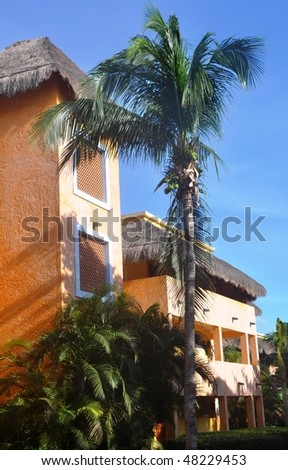 Palm trees and a pink building. A pink building of hotel and a palm tree against the sky
