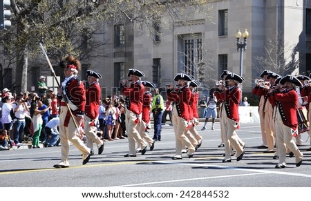 WASHINGTON, D.C.  APRIL 12, 2014: Musicians of the US Army Old Guard Fife and Drum Corps n the 2014 National Cherry Blossom Festival Parade in Washington D.C.