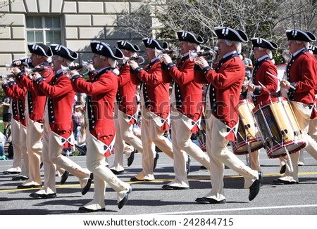 WASHINGTON, D.C.  APRIL 12, 2014: Musicians of the US Army Old Guard Fife and Drum Corps n the 2014 National Cherry Blossom Festival Parade in Washington D.C.