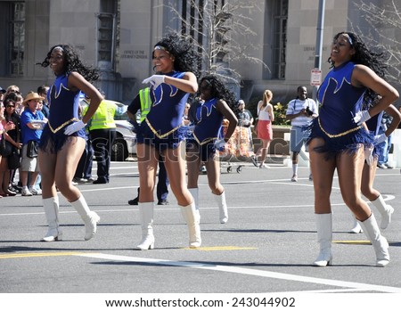 WASHINGTON, D.C. APRIL 12, 2014: dancers of Ballou High School Band in the 2014 National Cherry Blossom Festival Parade in Washington D.C.