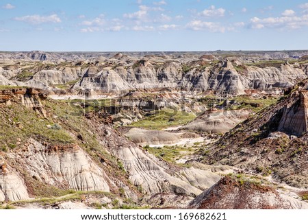 The Drumheller badlands in Alberta is famous for rich deposits of fossils, including dinosaur bones.