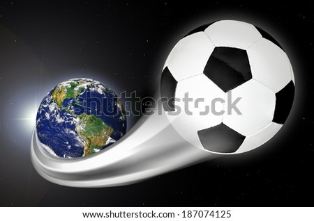 Soccer ball streaking across the earth into space. Concept of soccer\'s global dominance as a popular sport. Elements of this image provided with permission by NASA.