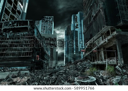 Detailed destruction of fictitious city with debris and collapsing structures. Concept of war, natural disasters, judgment day, fire, nuclear accident or terrorism.