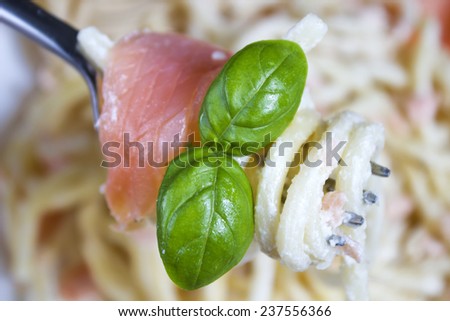 Close up of spaghetti with salmon and cream