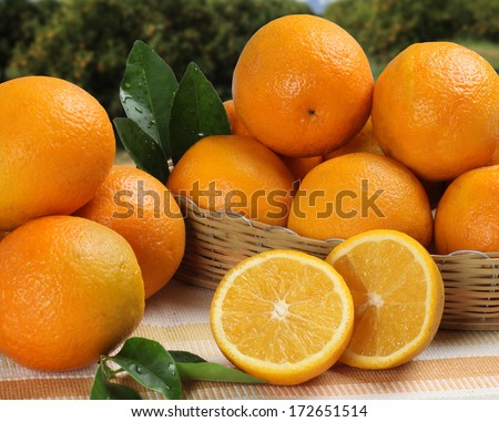 Some oranges in a basket over a wooden surface on a orange field as background