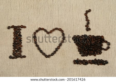 I Love Coffee written with coffee beans over a coffee bag
