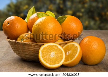 Some oranges in a basket over a wooden surface on a orange field background