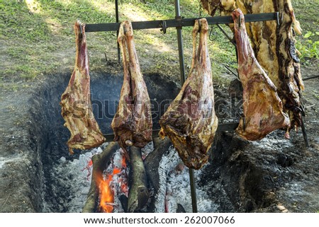 Asado, traditional dish in Argentina, is a roasted meat of beef or various other meats, which are cooked on a typical barbecue with vertical grills placed around at fire and embers in a big brazier.