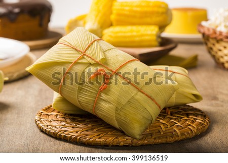 Pamonha and Curau cart sale - typical food of green corn - tasty and cheap - typical and popular street food