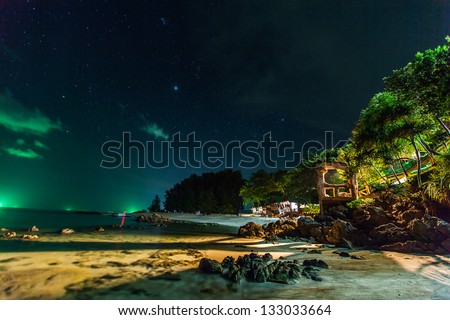Beautiful seascapes in the night and star of Lipe Island and white sand beach. The island in andaman of thailand.
You also see very impressive and romantic stars.