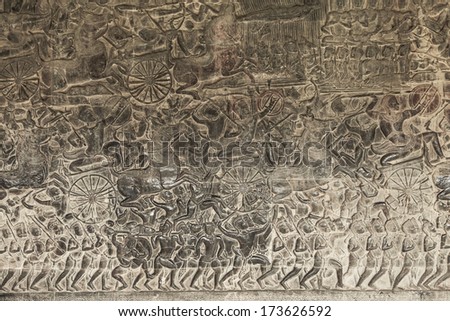 stone Carving around Angkor Wat castle, Cambodia