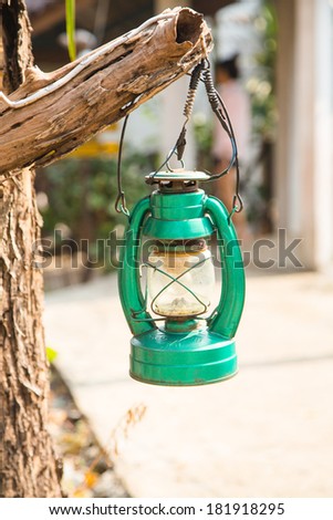 storm lantern hanged with tree branch in forest