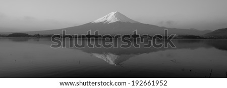 Panorama of Fuji mountain  reflect on Kawaguchiko lake. Black and white filter.