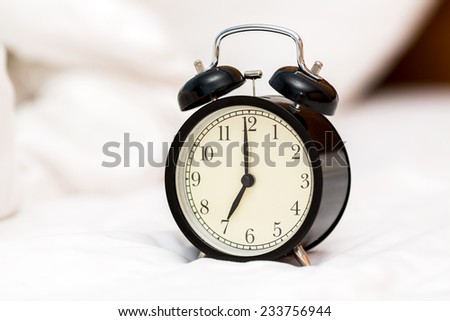 Alarm clock on messed bed.