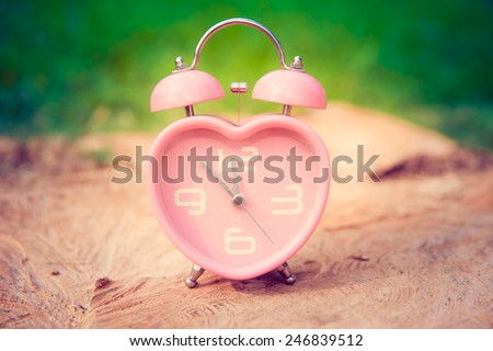 Pink heart shape alarm clock on cut wood trunk.