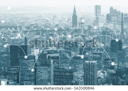 Double exposure global map on capital city and business trading background with network connection.