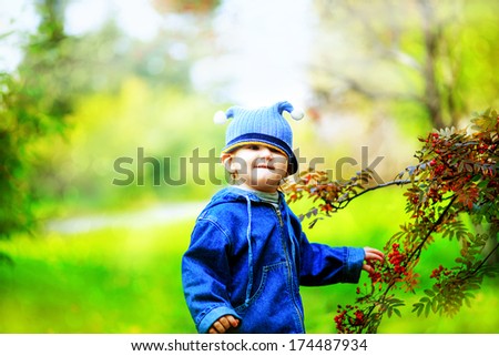 Kid in a funny hat near tree rowan.