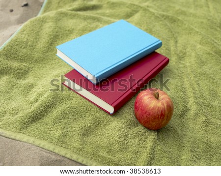 An apple and two books lying on a towel at the beach.