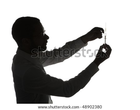 Silhouette of black doctor with medical syringe, isolated on white background.